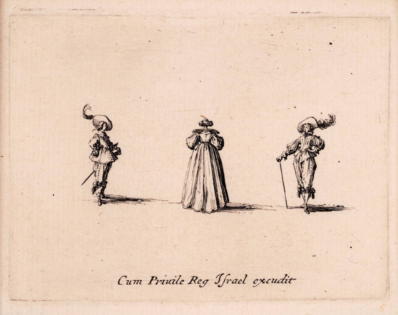 Une Dame tête nue, les cheveux relevés, vue de dos, entre deux hommes [Woman with a Bare Head, with Hair Up, Seen from Behind, between Two Men], from Les Fantaisies