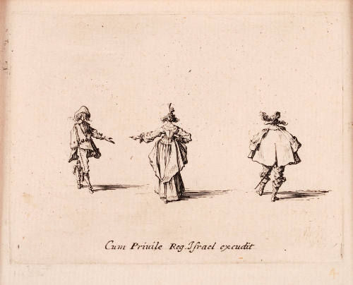 Une Dame, le poing droit sur la hanche et la main gauche tendue, vue de dos, entre deux hommes [Woman with Her Right Fist on Her Hip and Her Left Hand Extended, Seen from Behind, between Two Men], from Les Fantaisies