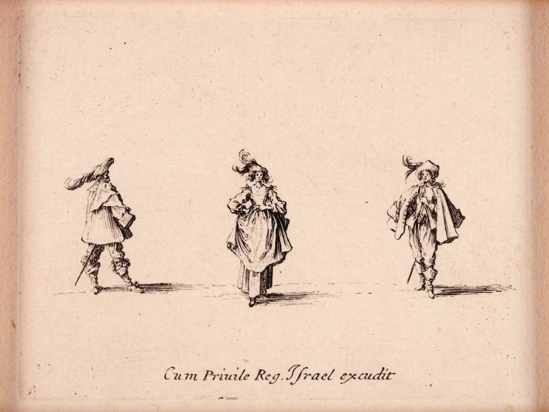 Une Dame, coiffée d’un chapeau à deux plumes et les deux mains sur les hanches, vue de face, entre two hommes [Woman Wearing a Hat with Two Feathers and Her Two Hands on Her Hips, Seen from the Front, between Two Men], from Les Fantaisies