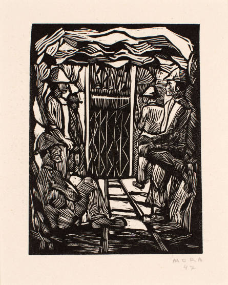 Untitled (men waiting for elevator cage), from Las minas