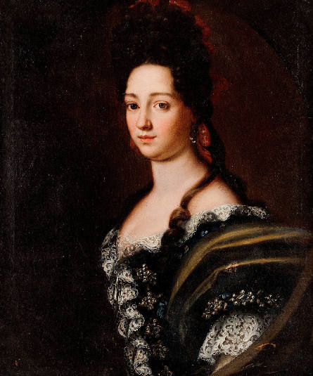 Portrait of a Lady, half length, wearing a blue dress with a green mantle, in a painted oval
