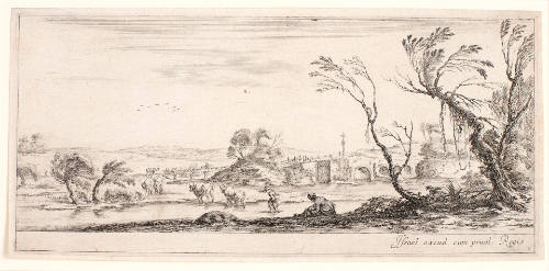 River landscape with peasant woman taking off her shoes to cross, from Divers Paysages II [Various landscapes]