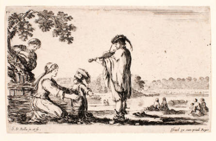 Landscape with violin player, two women and a child, from Diverse figure et paesi [Various figures and landscapes]