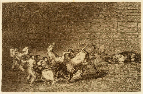 Dos grupos de picadores arrollados de seguida por un solo toro [Two Teams of Picadors Thrown One After the Other by a Single Bull], plate 32 from La Tauromaquia