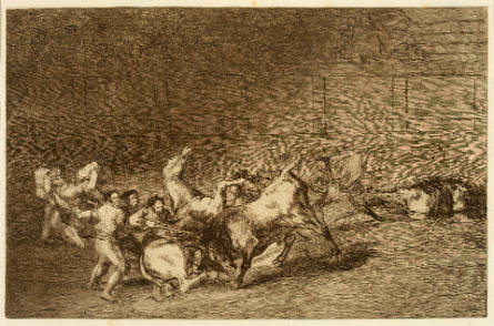 Dos grupos de picadores arrollados de seguida por un solo toro [Two Teams of Picadors Thrown One After the Other by a Single Bull], plate 32 from La Tauromaquia