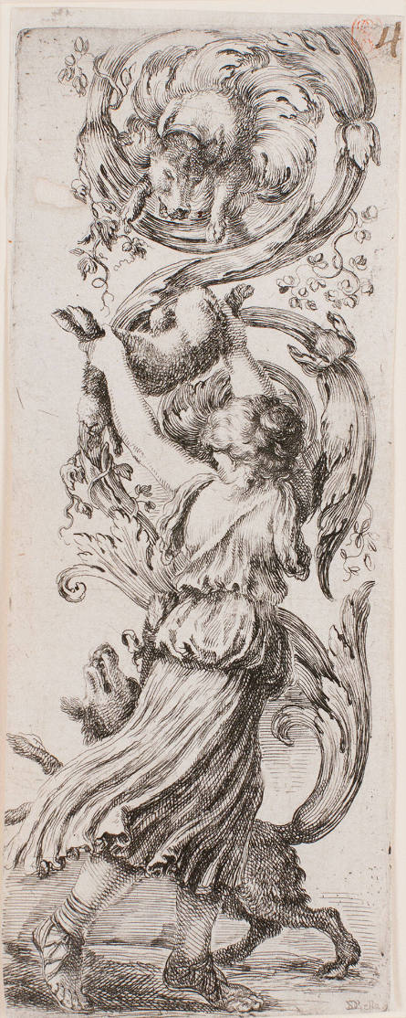 Ornament with dogs and girl holding a rabbit, from Ornamenti o grottesche [Ornaments or Grotesques]