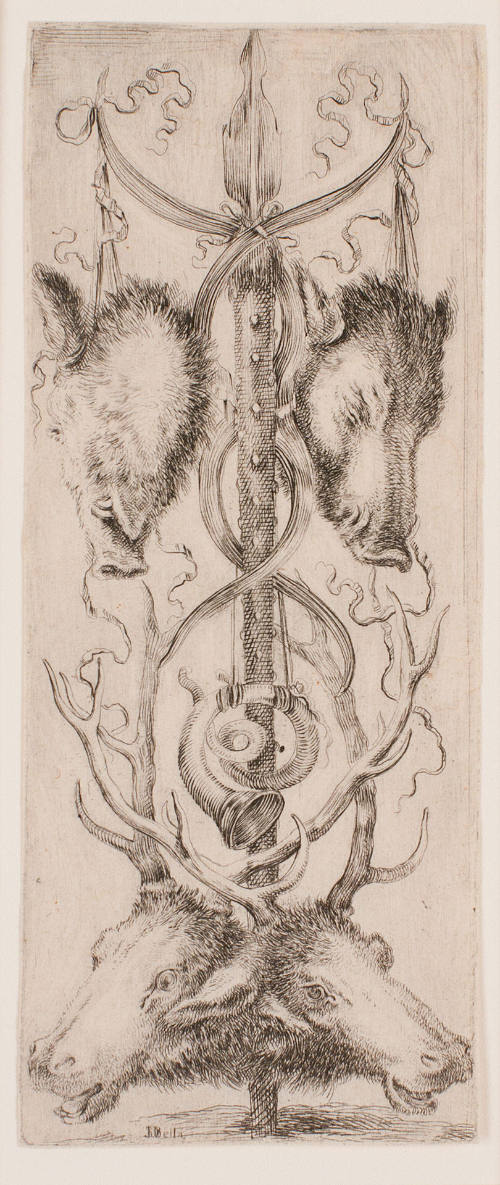 Ornamental scroll with hunting trophy, from Ornamenti o Grottescei [Ornaments or Grotesques]