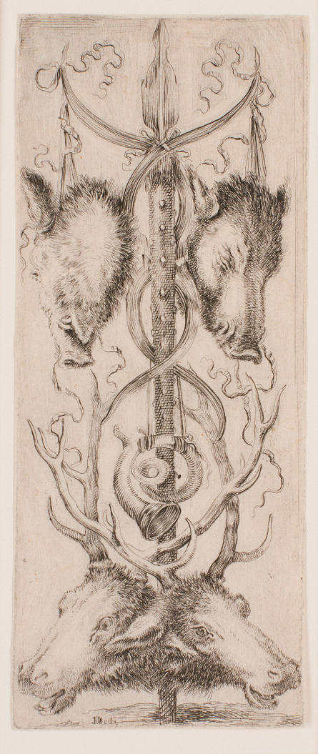 Ornamental scroll with hunting trophy, from Ornamenti o Grottescei [Ornaments or Grotesques]