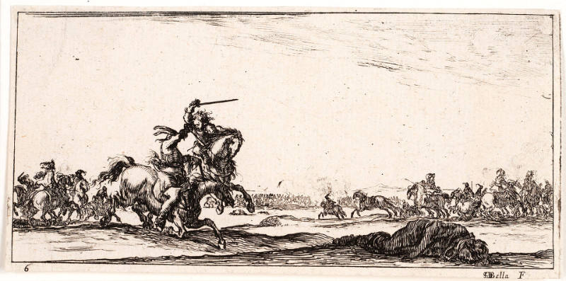 Two riders fighting on a battlefield, plate 6 from Dessins de quelques conduites di troupes [Drawings of troop advancements]