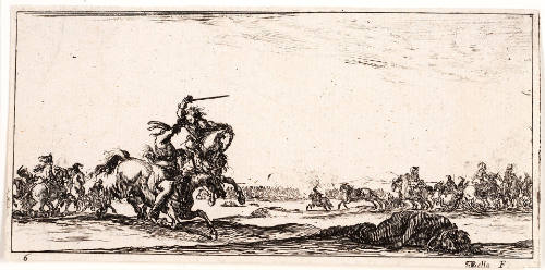 Two riders fighting on a battlefield, plate 6 from Dessins de quelques conduites di troupes [Drawings of troop advancements]