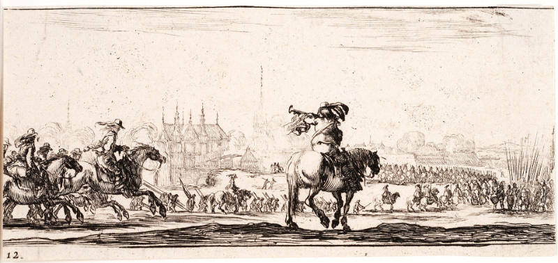 Troups entering a village, plate 12 from Dessins de quelques conduites de troupes [Drawings of troops advancements]