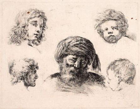 Five Portraits: An Old Man in a Turban, Two Infants and Two Young Men, plate 9 from I principii del disegno [The principles of design]