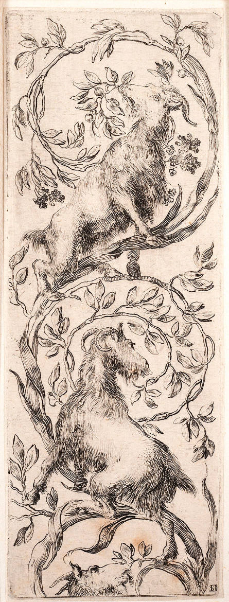 Ornamental scroll with two goats, from Ornamenti o grottesche [Ornaments or grotesques]