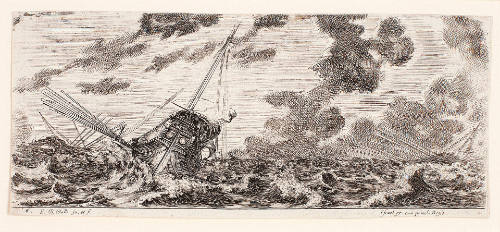 Three ships in a storm, plate 6 from Divers Embarquements [Various Embarkments]