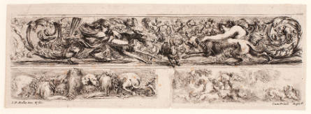 Three Friezes: Two Hounds Attacking a Hare; Two Hounds with a Boars Head; a Boar Hunt, plate 9 from Ornamenti di fregi e fogliami [Ornaments with Friezes and Foliage]