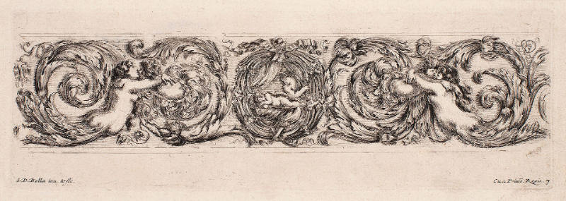 Frieze of Acanthus with Cupid and Psyche flanked by amorini embracing female figures, plate 7 from Ornamenti di fregi e fogliami [Ornaments of friezes and leaves]