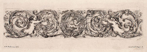 Frieze of Acanthus with Cupid and Psyche flanked by amorini embracing female figures, plate 7 from Ornamenti di fregi e fogliami [Ornaments of friezes and leaves]