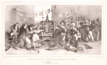 Descente dans les ateliers de la liberté de la presse, plate 16 from La Caricature's Association Mensuelle lithographique