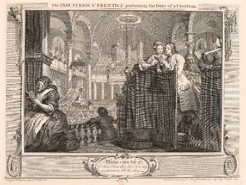 The Industrious 'Prentice Performing the Duty of a Christian, plate II from Industry and Idleness