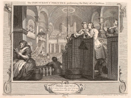 The Industrious 'Prentice Performing the Duty of a Christian, plate II from Industry and Idleness