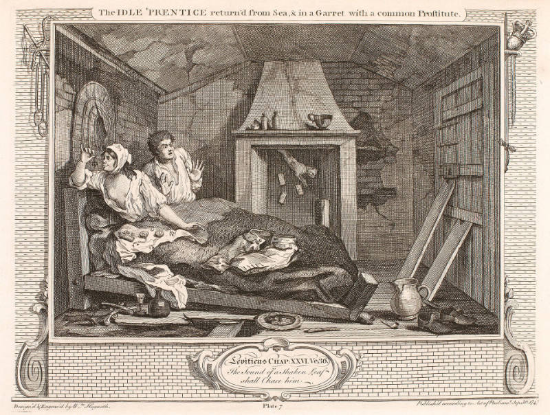 The Idle 'Prentice Returned from Sea and in a Garret with a Common Prostitute, plate VII from Industry and Idleness