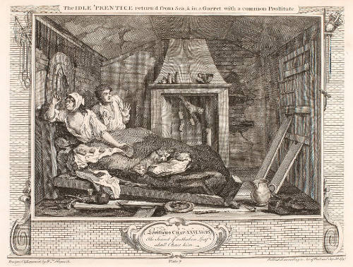 The Idle 'Prentice Returned from Sea and in a Garret with a Common Prostitute, plate VII from Industry and Idleness