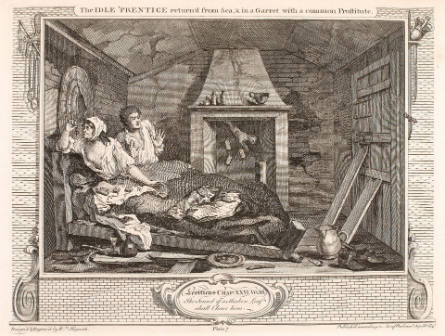 The Idle 'Prentice Returned from Sea and in a Garret with a Common Prostitute, plate VII from Industry and Idleness