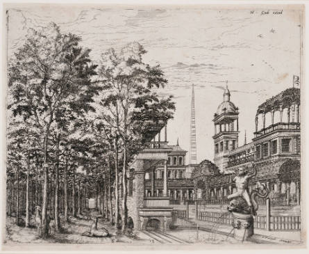 Perspective view of a forest with two deer and palace courtyard with fountain, plate 13 from Scenographiae, Sive Perspectivae, after Hans Vredeman de Vries