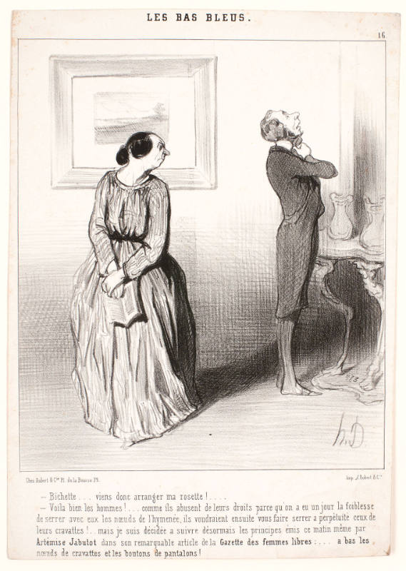 Bichette...viens donc arranger ma rosette!...[Darling, would you help me binding my tie?...], plate 16 from Les Bas-bleus, in Le Charivari, 13 March 1844 (?)