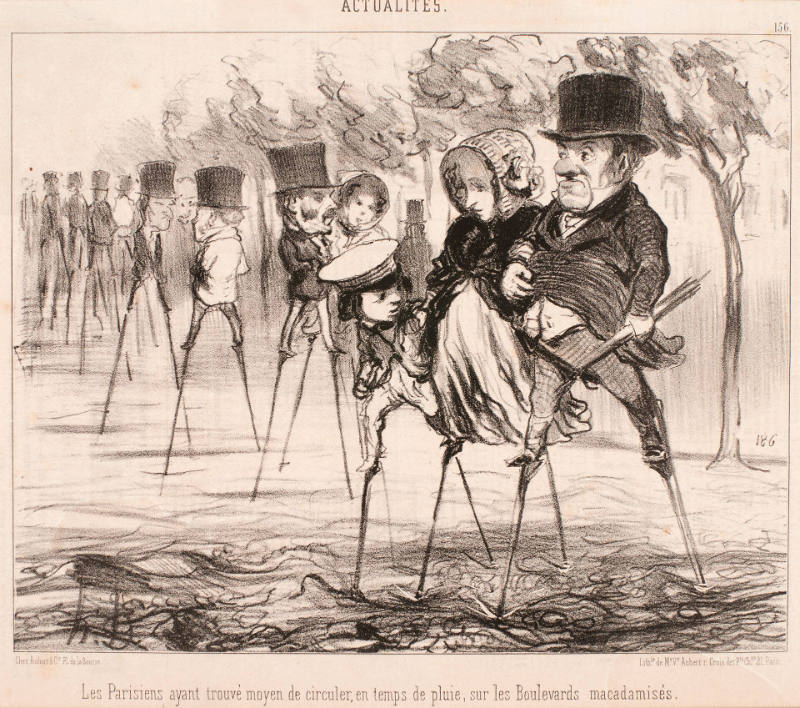 Les Parisiens ayant trouvé moyen de circuler, en temps de pluie, sur les Boulevards macadamisés [Parisians having found a way to move around the asphalted boulevards on rainy days], from Actualités, in Le Charivari, 29 June 1850