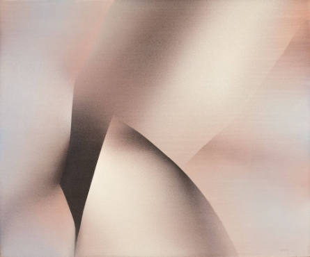 A non representational painting with crisp delineations of curved shapes in soft gradient hues …