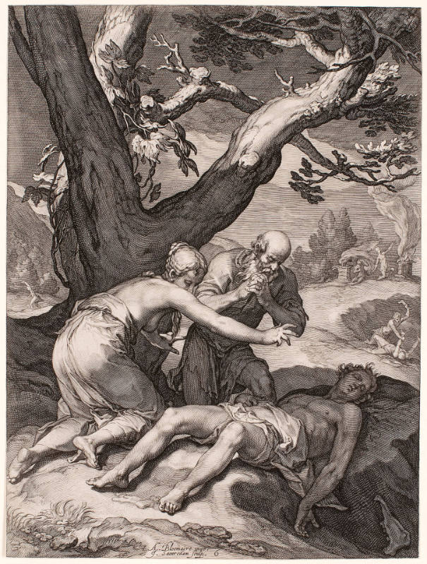 Adam and Eve Lamenting over the Corpse of Abel, plate 6 from History of the First Parents of Man, after Abraham Bloemaert
