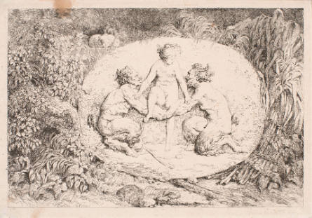 Nymph Stepping over the Hands of Two Satyrs, plate 1 from Bacchanales series