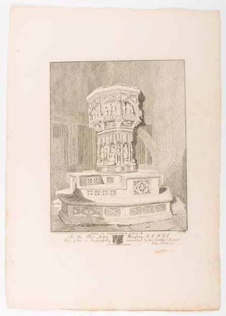 Font in Walsingham Church, plate 18 from A Series of Etchings Illustrative of the Architectural Antiquities of Norfolk