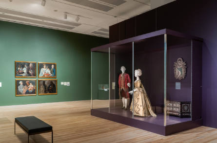 Installation view of "Painted Cloth: Fashion and Ritual in Colonial Latin America," Blanton Mus…