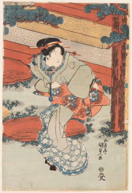 Courtesan carrying a letter under pine trees