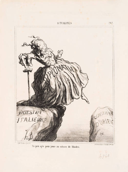 Un peu agée pour jouer au colosse de Rhodes [A Bit Old to Play the Colossus of Rhodes], plate 262 from Actualités, in Le Charivari, 10 December 1867