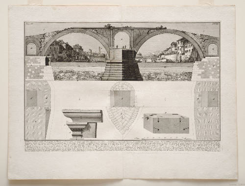 Dimostransi nella Tav. presente la Pianta, ed Elevazione del Ponte, oggi detto Quattro Capi egli è antichissimo, e chiamavasi Fabrizio da L. Fabrizio Presid. delle Strade, che lo fabbrico' nel fine della Repubblica... [Shown in this Plate are the plan and