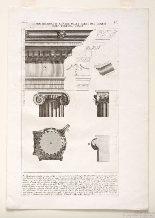 Dimostrazione in grande delle parti del Tempio della Fortuna Virile... [Reconstruction of details from the Temple of Fortuna Virilis...], plate LII from Volume IV of Le Antichità Romane [Roman Antiquities]