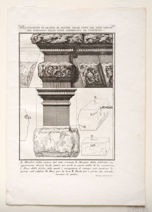 Dimostrazione in grande di alcune delle parti del prim'ordine del Serraglio delle Fiere fabbricato da Domiziano [Reconstruction of some details of the first order of the animal cages built by Domitian], plate LV from Volume IV of Le Antichità Romane [Roma