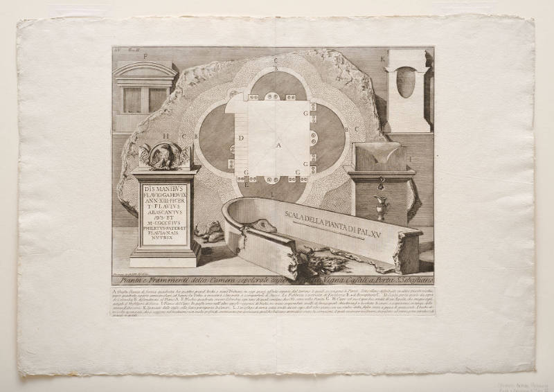 Pianta e Frammenti della Camera sepocrale esistente nella Vigna Casali a Porta S. Sebastiano [Plan and fragments from the tomb chamber in the Casali vineyards at Porta San Sebastiano], plate LV from Volume II of Le Antichità Romane [Roman Antiquities]