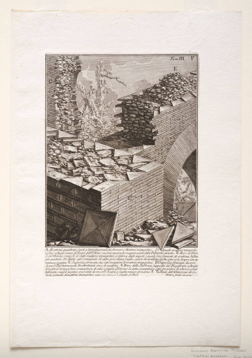 Mattoni quadrati, segati a linee diagonali per formare i Mattoni triangolari...[Quadrangular bricks sectioned diagonally to form triangular bricks...], plate V from Volume III of Le Antichità Romane [Roman Antiquities]