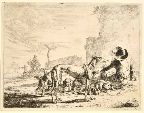 A Man Seen from Behind, Sitting on the Ground with Five Dogs, plate 12 from Series of Horses