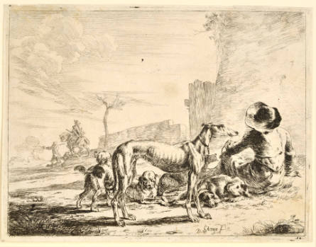 A Man Seen from Behind, Sitting on the Ground with Five Dogs, plate 12 from Series of Horses