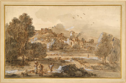 A landscape with peasants and a flock passing a waterfall, a town and mountains beyond