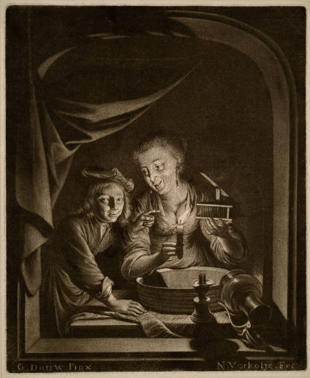 Woman with Mousetrap and Boy with Candle at Window, after Gerard Dou