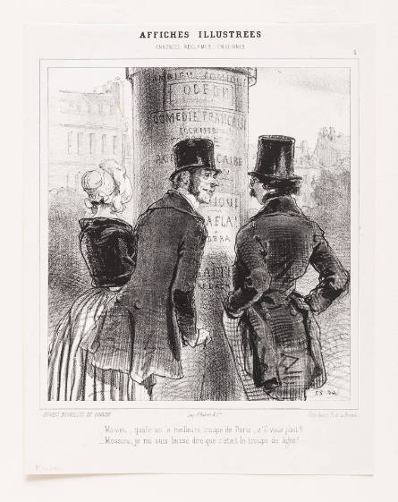 Mosieu [sic], quelle est la meilleure troupe de Paris, s’il vous plaîte? [Sir, which is the best troupe in Paris, if you please?], plate 3 from Affiches illustrées [Illustrated Posters], in Le Charivari, 21 May 1846