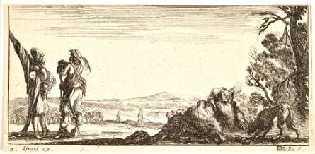 Two soldiers in a landscape with a dead horse, plate 7 from Dessins de quelques conduites de troupes [Drawings of troop advancements]