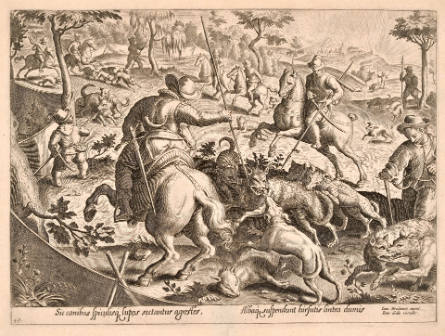 Wolf Hunt with Spears, plate 10 from Hunts and Animal Scenes, after Jan van der Straet, called Stradanus