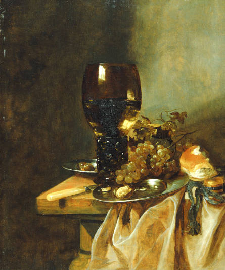 A Roemer with Grapes, Pewter Plates, and a Roll
